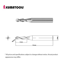 55HRC TIXCO Coated Carbide Ball End Mill, 2-Flute/R 2mm, Flute Length 8mm, Shank Dia 6mm, Overall Length 75mm