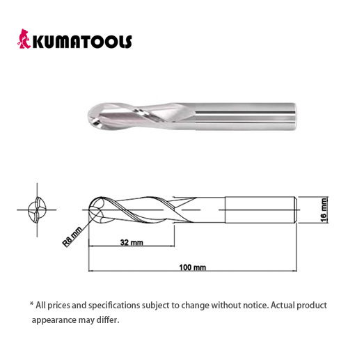 55HRC TIXCO Coated Carbide Ball End Mill, 2-Flute/R 8mm, Flute Length 32mm, Shank Dia 16mm, Overall Length 100mm