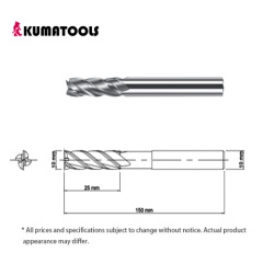 Uncoated Carbide Square End Mill, 4-Flute/Dia 10mm, Flute Length 25mm, Shank Dia 10mm, Overall Length 150mm