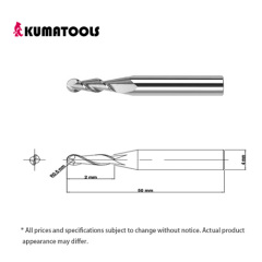 Uncoated Carbide Ball End Mill, 2-Flute/R 0.5mm, Flute Length 2mm, Shank Dia 4mm, Overall Length 50mm