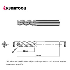 55HRC TIXCO Coated Carbide Radius End Mill, 4-Flute/Dia 16mm, R 1mm, Flute Length 32mm, Shank Dia 16mm, Overall Length 150mm