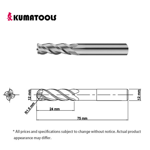 55HRC TIXCO Coated Carbide Radius End Mill, 4-Flute/Dia 12mm, R 1.5mm, Flute Length 24mm, Shank Dia 12mm, Overall Length 75mm