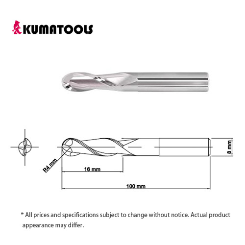 55HRC TIXCO Coated Carbide Ball End Mill, 2-Flute/R 4mm, Flute Length 16mm, Shank Dia 8mm, Overall Length 100mm