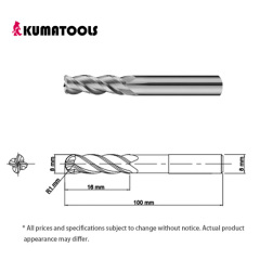 55HRC TIXCO Coated Carbide Radius End Mill, 4-Flute/Dia 8mm, R 1mm, Flute Length 16mm, Shank Dia 8mm, Overall Length 100mm
