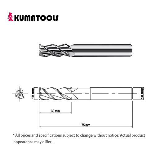 Uncoated Carbide Square End Mill, 3-Flute/Dia 10mm, Flute Length 30mm, Shank Dia 10mm, Overall Length 75mm