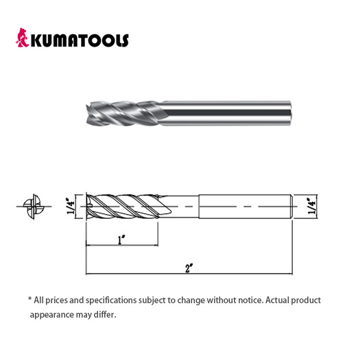 AS Coated Carbide Square End Mill, 4-Flute/Dia 1/4 inch, Flute Length 1 inch, Shank Dia 1/4 inch, Overall Length 2 inch