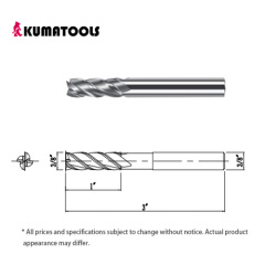 AS Coated Carbide Square End Mill, 4-Flute/Dia 3/8 inch, Flute Length 1 inch, Shank Dia 3/8 inch, Overall Length 3 inch