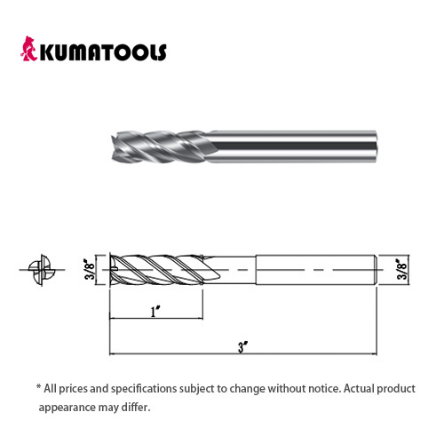 AS Coated Carbide Square End Mill, 4-Flute/Dia 3/8 inch, Flute Length 1 inch, Shank Dia 3/8 inch, Overall Length 3 inch