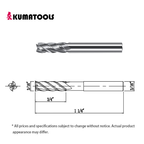 AS Coated Carbide Square End Mill, 4-Flute/Dia 3/16 inch, Flute Length 3/4 inch, Shank Dia 3/16 inch, Overall Length 1 1/4 inch