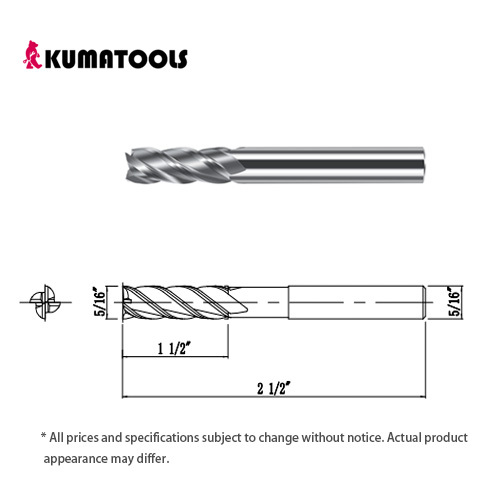 AS Coated Carbide Square End Mill, 4-Flute/Dia 5/16 inch, Flute Length 1 1/2 inch, Shank Dia 5/16 inch, Overall Length 2 1/2 inch