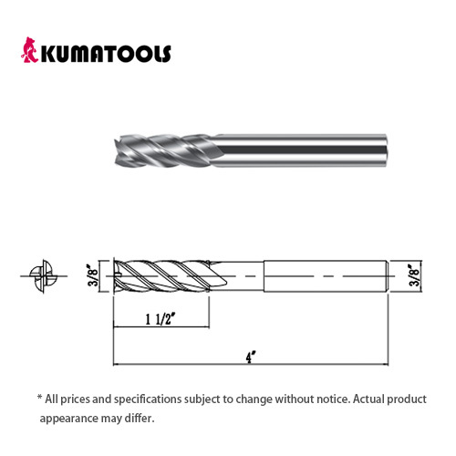 AS Coated Carbide Square End Mill, 4-Flute/Dia 3/8 inch, Flute Length 1 1/2 inch, Shank Dia 3/8 inch, Overall Length 4 inch
