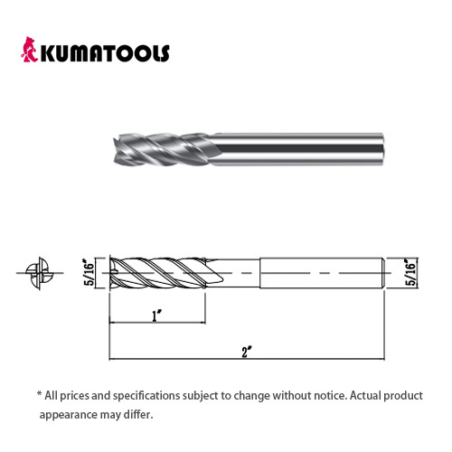 AS Coated Carbide Square End Mill, 4-Flute/Dia 5/16 inch, Flute Length 1 inch, Shank Dia 5/16 inch, Overall Length 2 inch