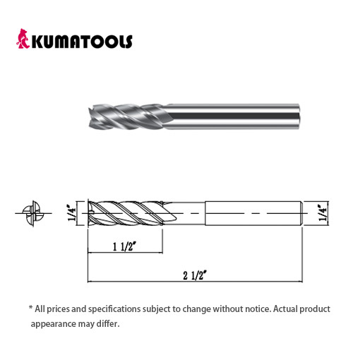 AS Coated Carbide Square End Mill, 4-Flute/Dia 1/4 inch, Flute Length 1 1/2 inch, Shank Dia 1/4 inch, Overall Length 2 1/2 inch