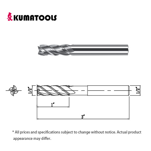 AS Coated Carbide Square End Mill, 4-Flute/Dia 1/2 inch, Flute Length 1 inch, Shank Dia 1/2 inch, Overall Length 3 inch