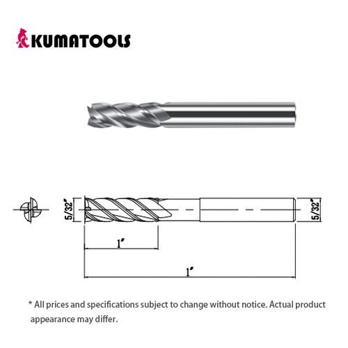 AS Coated Carbide Square End Mill, 4-Flute/Dia 5/32 inch, Flute Length 1 inch, Shank Dia 5/32 inch, Overall Length 1 inch