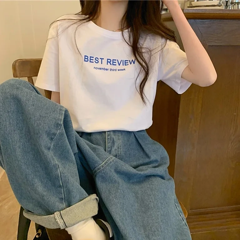 韓国のファッションアルファベット着回し力抜新作半袖白トップス オシャレ 韓国風 ゆったり 大きいサイズ Tシャツ
