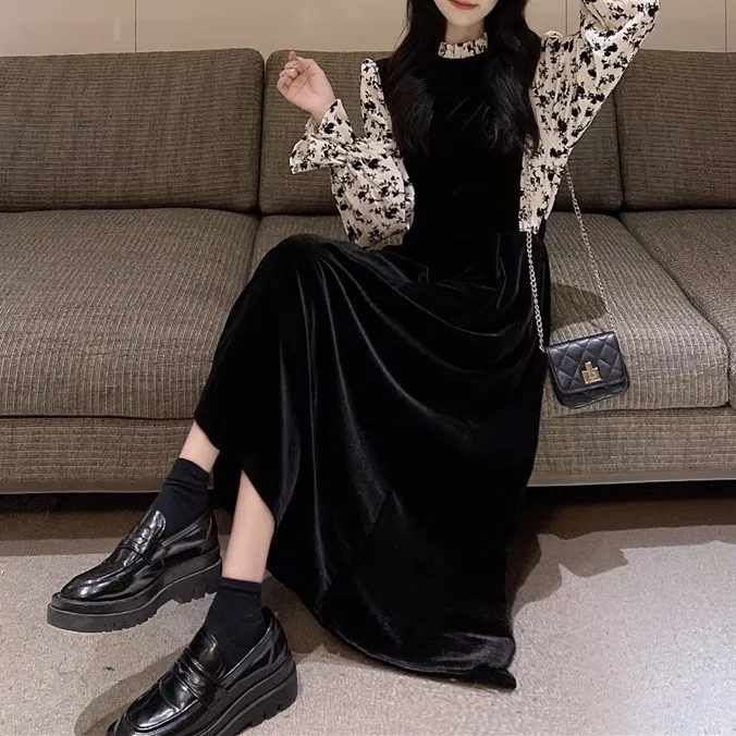 絶対流行 韓国風ファッション 切り替え 配色 Aライン ワンピース