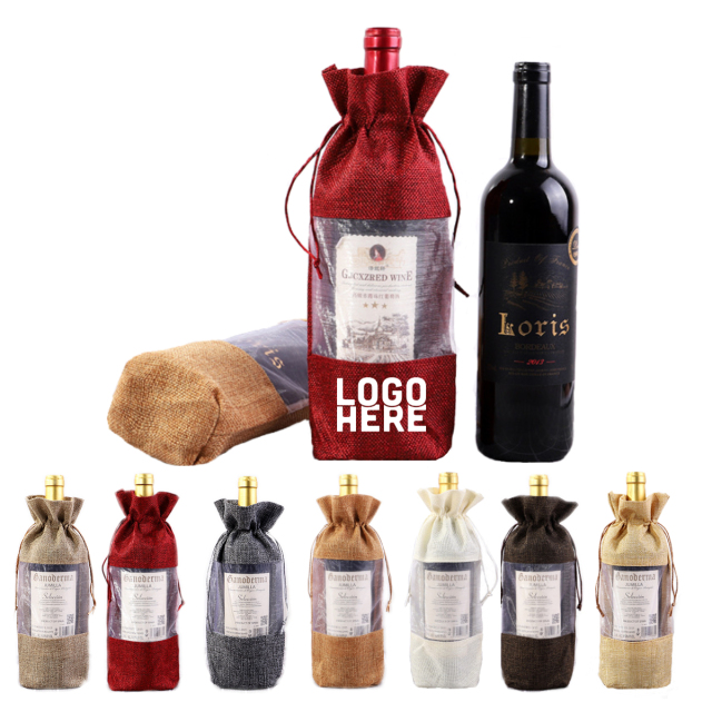 750ML Organza Window Burlap Drawstring Wine Bag