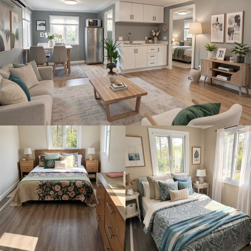 Modern interior design of a 2 bedroom prefab expandable house showing living room, full kitchen, and cozy bedrooms