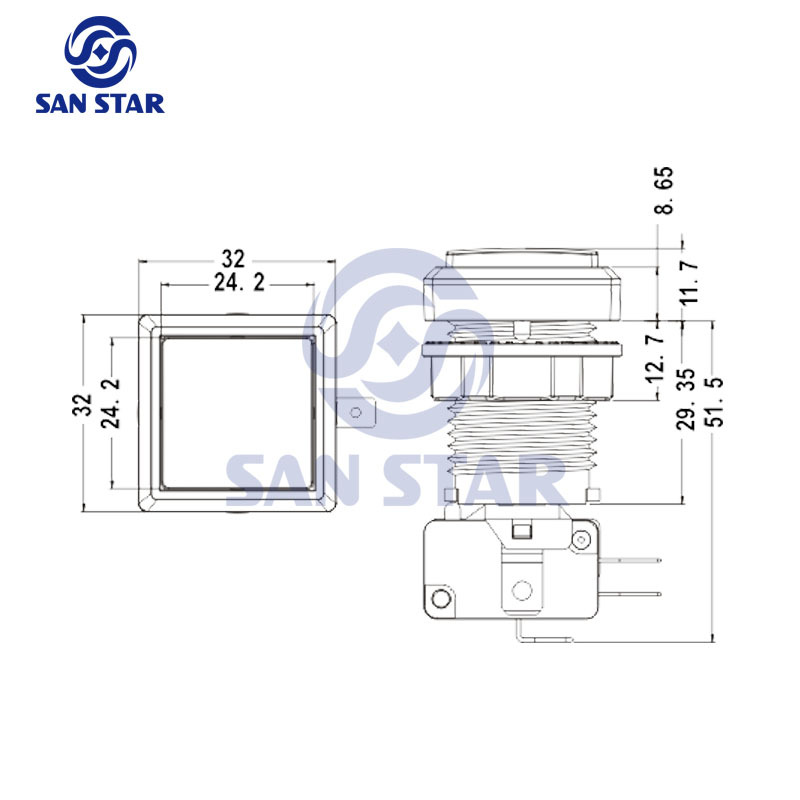 Square 32mm Transparent Illuminated Arcade Button