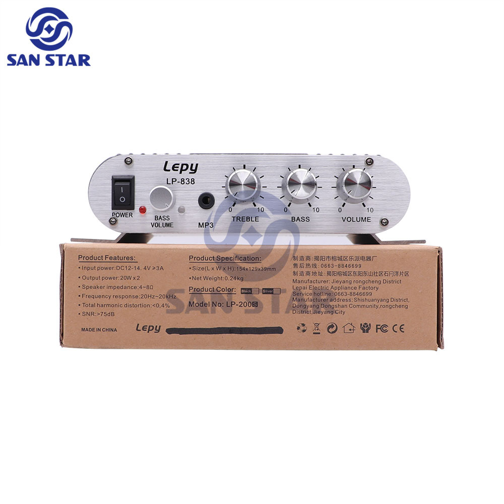 LP-838 Supper Bass Hi-Fi 2.1inch Stereo Amplifier with power supply and audio cable