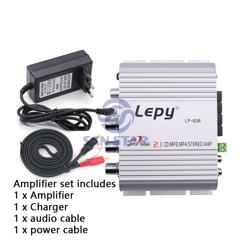 LP-838 Supper Bass Hi-Fi 2.1inch Stereo Amplifier with power supply and audio cable