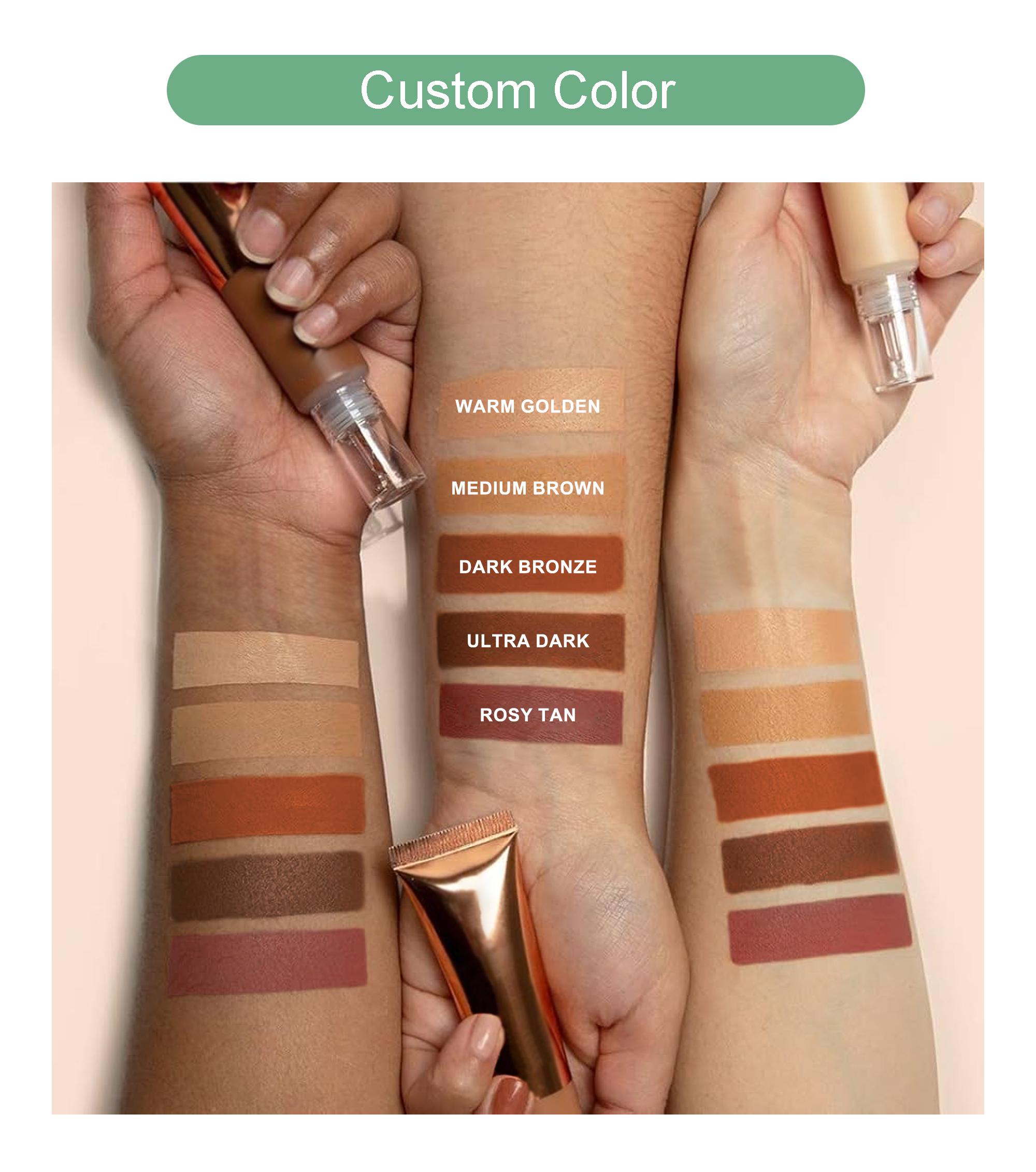 At SHIRUONI, we offer full OEM/ODM services for tanning products, specializing in the customization of self-tanning lotions, creams, sprays, oils, mousses, gels, drops, and powders.  Clients can fully customize the shade (from light glow to deep bronze), formula type (gradual tan, instant tan, shimmer, etc.), fragrance, and active ingredients (DHA, erythrulose, botanical extracts, etc.) to meet diverse market demands.  We also provide complete customization of packaging — bottles, pumps, tubes, pouches — with private label logo printing and support for small to bulk orders.  Whether you want a vegan tanning mousse or a tropical-scented tanning oil, our R&D team helps bring your vision to life with professional-grade formulations.