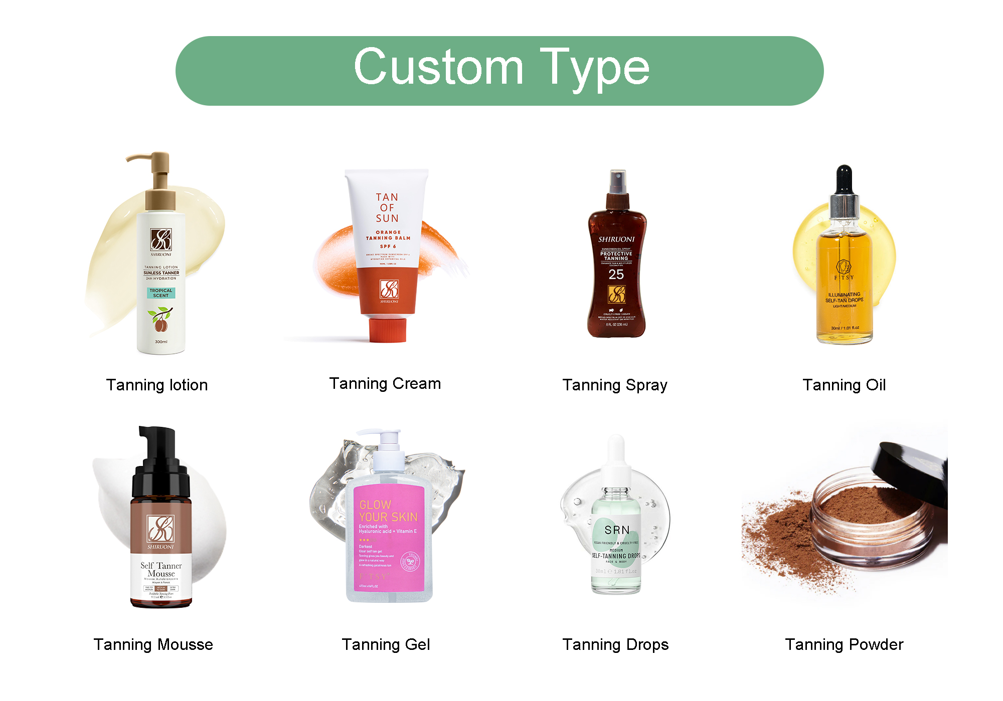 At SHIRUONI, we offer full OEM/ODM services for tanning products, specializing in the customization of self-tanning lotions, creams, sprays, oils, mousses, gels, drops, and powders.  Clients can fully customize the shade (from light glow to deep bronze), formula type (gradual tan, instant tan, shimmer, etc.), fragrance, and active ingredients (DHA, erythrulose, botanical extracts, etc.) to meet diverse market demands.  We also provide complete customization of packaging — bottles, pumps, tubes, pouches — with private label logo printing and support for small to bulk orders.  Whether you want a vegan tanning mousse or a tropical-scented tanning oil, our R&D team helps bring your vision to life with professional-grade formulations.