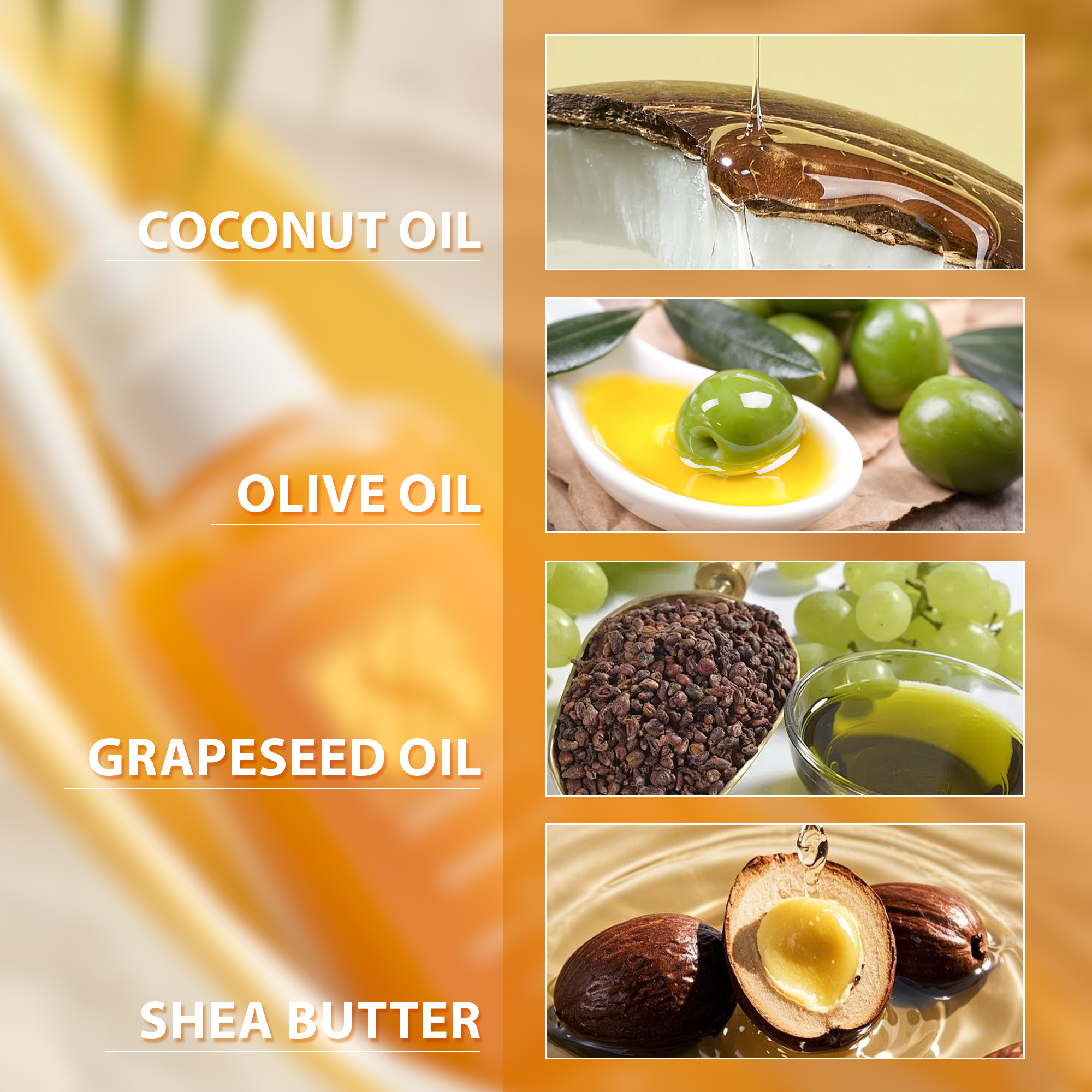 Formulated with all-natural ingredients like Coconut Oil, Olive Oil, Grapeseed Oil, and Shea Butter,