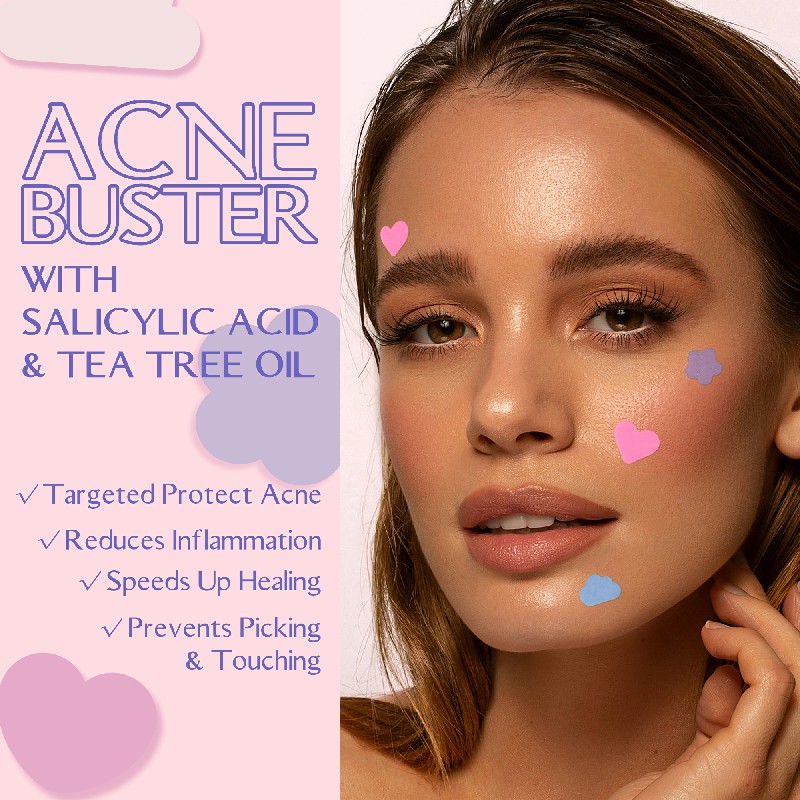Key Selling Points  Adorable Fun Shapes: Heart, star, and cloud designs in vibrant colors make skincare fun and stylish.  Targeted Acne Protection: Shields blemishes while reducing irritation.  Reduces Redness & Speeds Healing: Combines Salicylic Acid and Tea Tree Oil for faster results.  Gentle & Discreet: Soft hydrocolloid technology absorbs impurities and blends well on skin.  OEM & Private Label Services: Customizable shapes, colors, ingredients, and packaging.