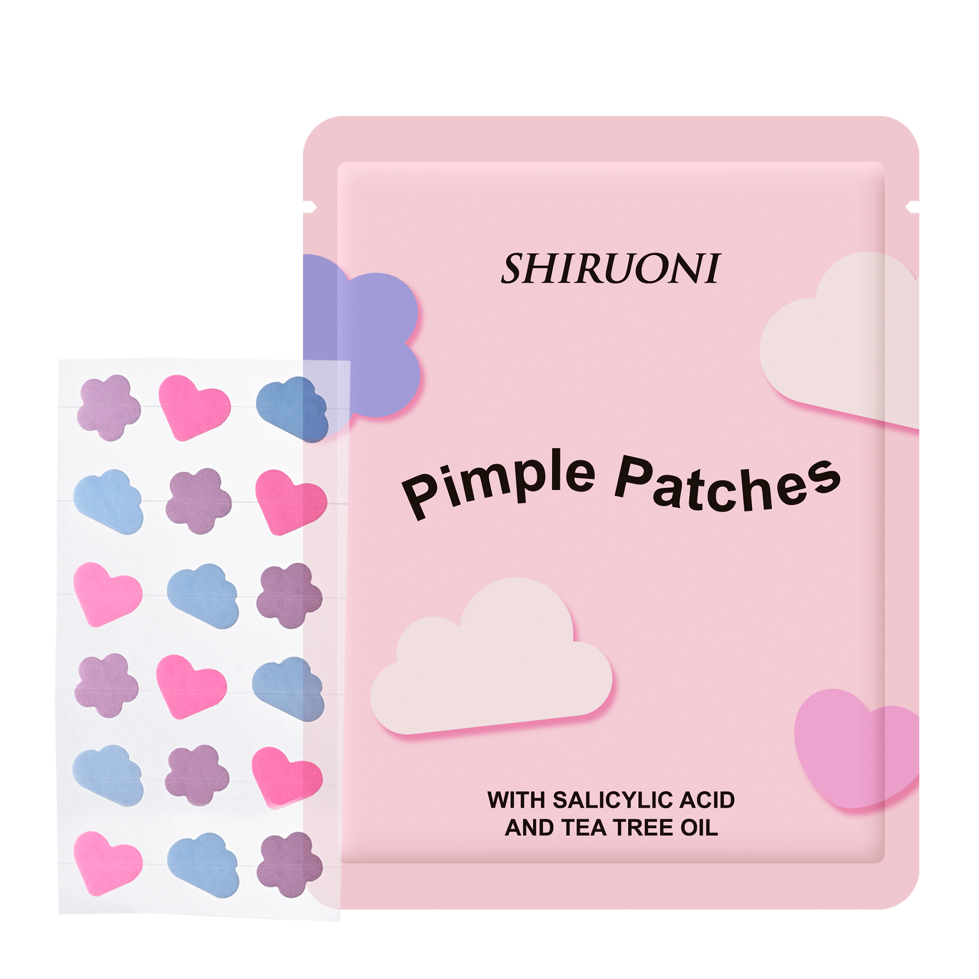 Shiruoni Cute Pimple Patches feature heart, star, and cloud shapes in multiple colors, offering targeted acne care with Salicylic Acid and Tea Tree Oil. Fun, effective, and customizable for OEM & private label.