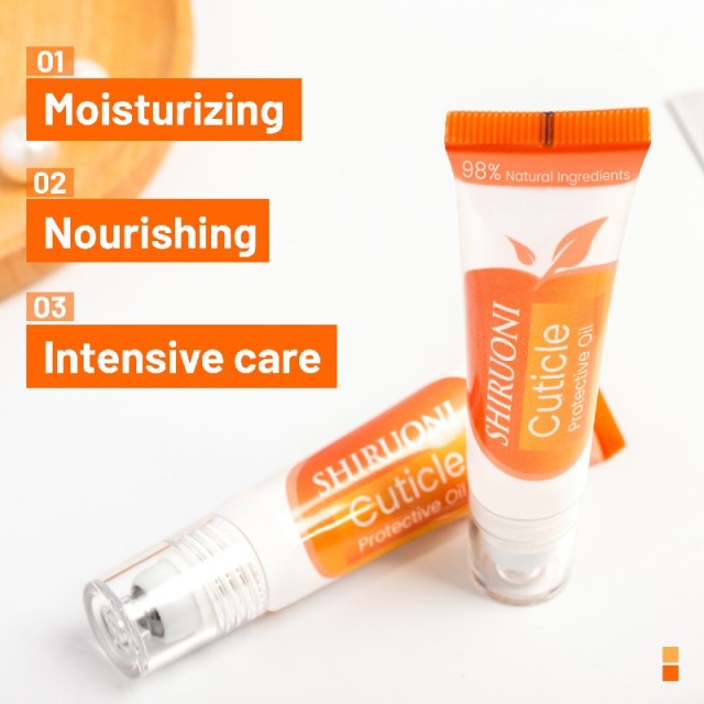 This natural cuticle oil blends almond oil, jojoba seed oil, and vitamin E to moisturize, nourish, and repair dry or damaged cuticles. Features a built-in massage tip for easy application. Ideal for daily use. OEM & private label available.