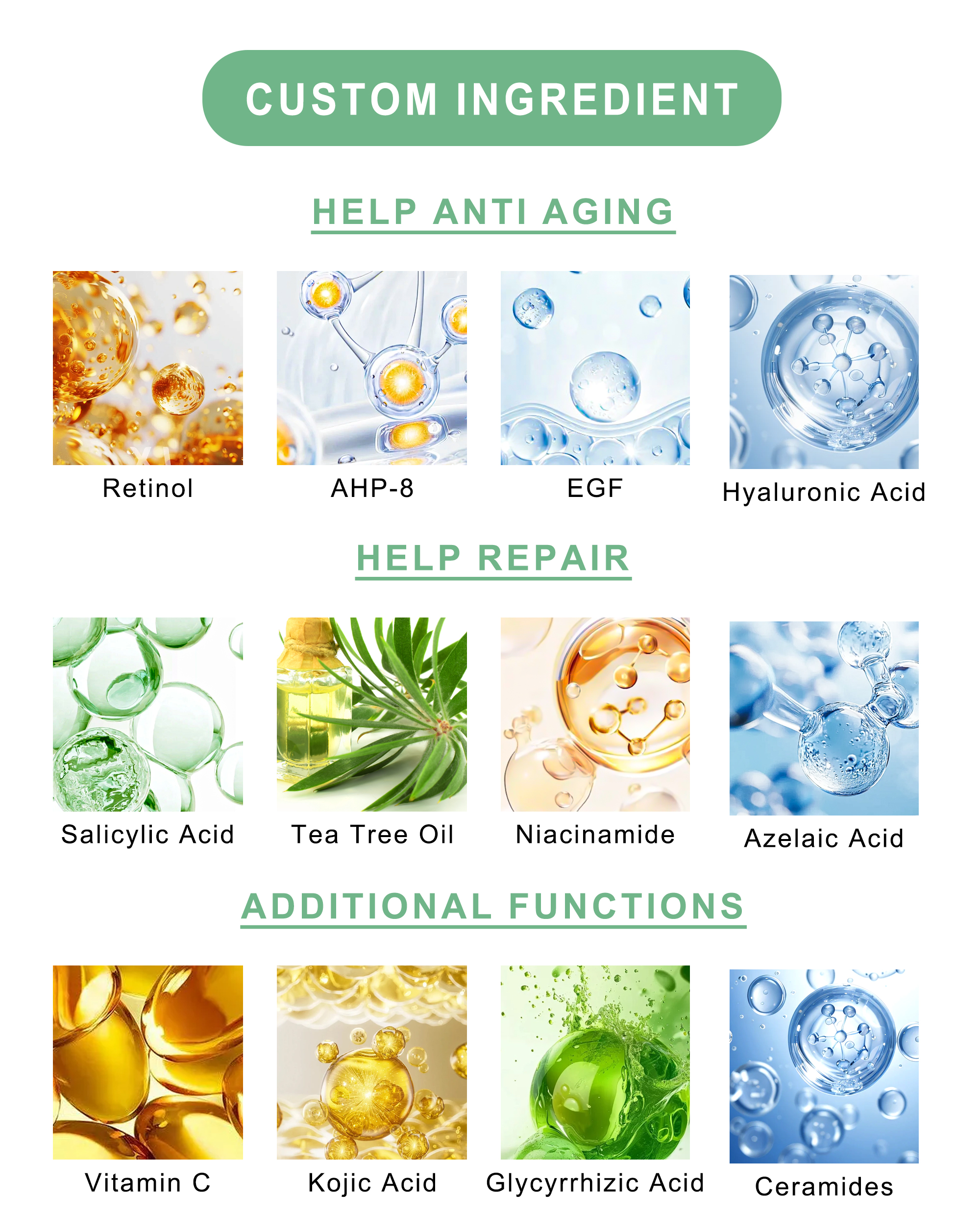 Custom Ingredient Selection HELP ANTI-AGING Boost skin elasticity and reduce fine lines with powerful anti-aging actives: Retinol, AHP-8 Peptides, EGF (Epidermal Growth Factor), Hyaluronic Acid  HELP REPAIR Target acne, inflammation, and post-blemish concerns with: Salicylic Acid, Tea Tree Oil, Niacinamide, Azelaic Acid  ADDITIONAL FUNCTIONS (Choose up to 4) Enhance your formula with additional benefits like brightening, soothing, or moisturizing: Vitamin C (Ascorbic Acid), Kojic Acid, Licorice Extract (Glycyrrhizic Acid), Glycerin, Ceramides