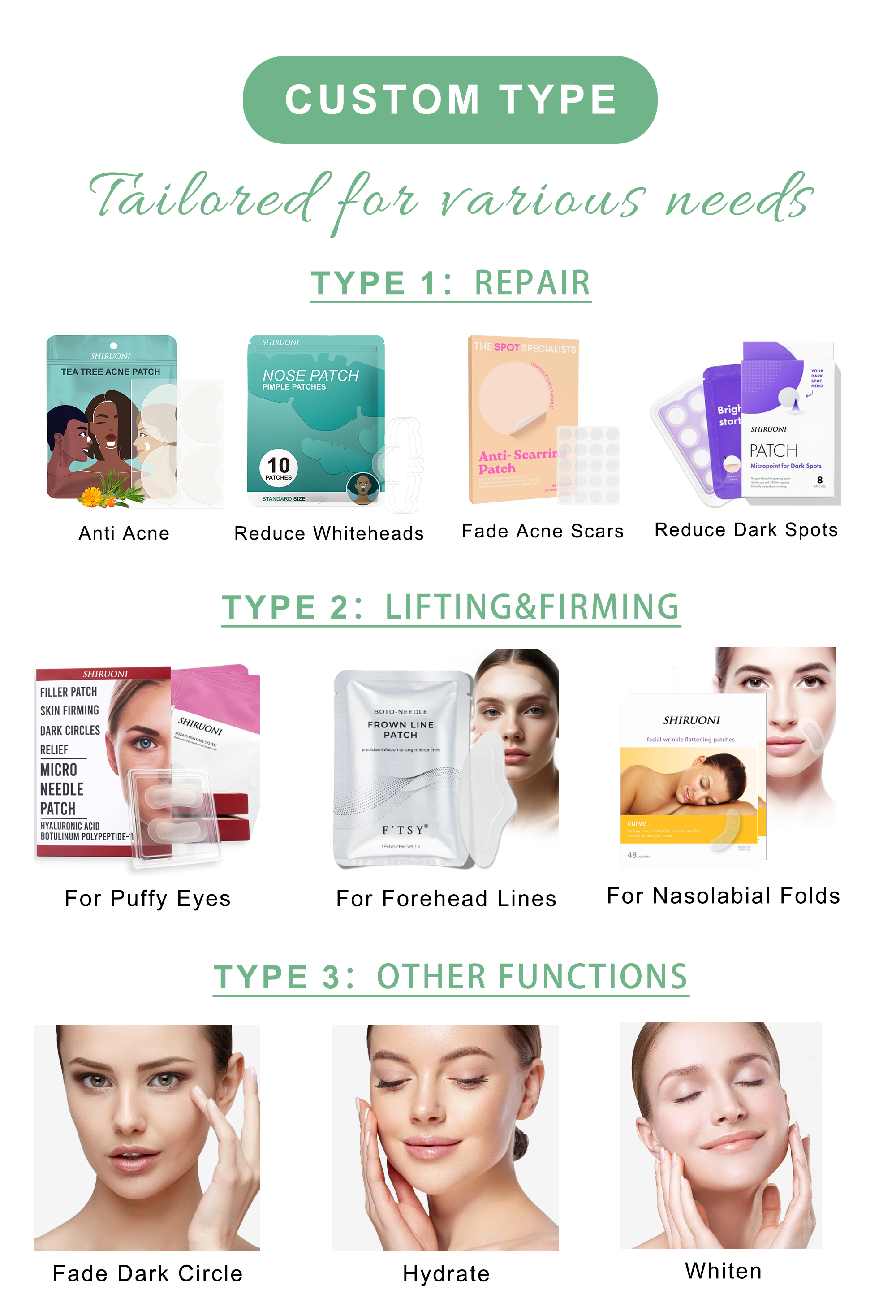 Anti-acne microneedle patch for breakout-prone skin ; Microneedle patch to reduce whiteheads and clogged pores; Microneedle solution for fading post-acne scars and marks ; Spot-reducing microneedle patch for dark spot correction；Microneedle eye patch to reduce puffiness and refresh tired eyes  Forehead microneedle patch for smoothing deep forehead lines  Nasolabial fold microneedle patch for lifting and firming smile lines；Microneedle patch to fade dark circles and brighten under-eye area  Hydrating microneedle patch for intense skin moisture replenishment  Whitening microneedle patch to even tone and brighten skin complexion