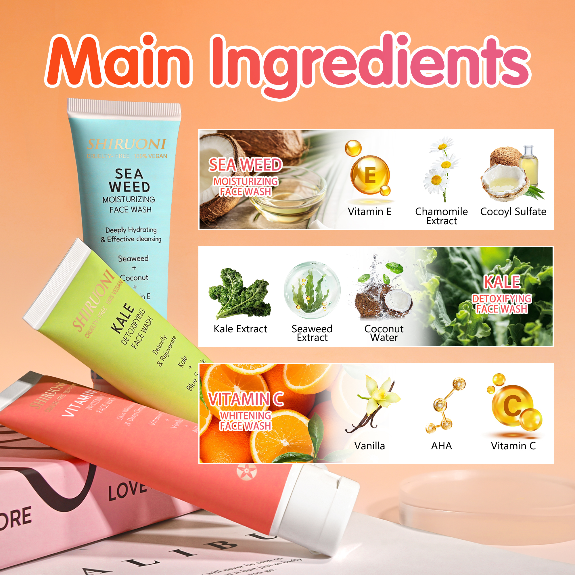 Facial Cleanser Set, Vitamin C & Kale & Seaweed