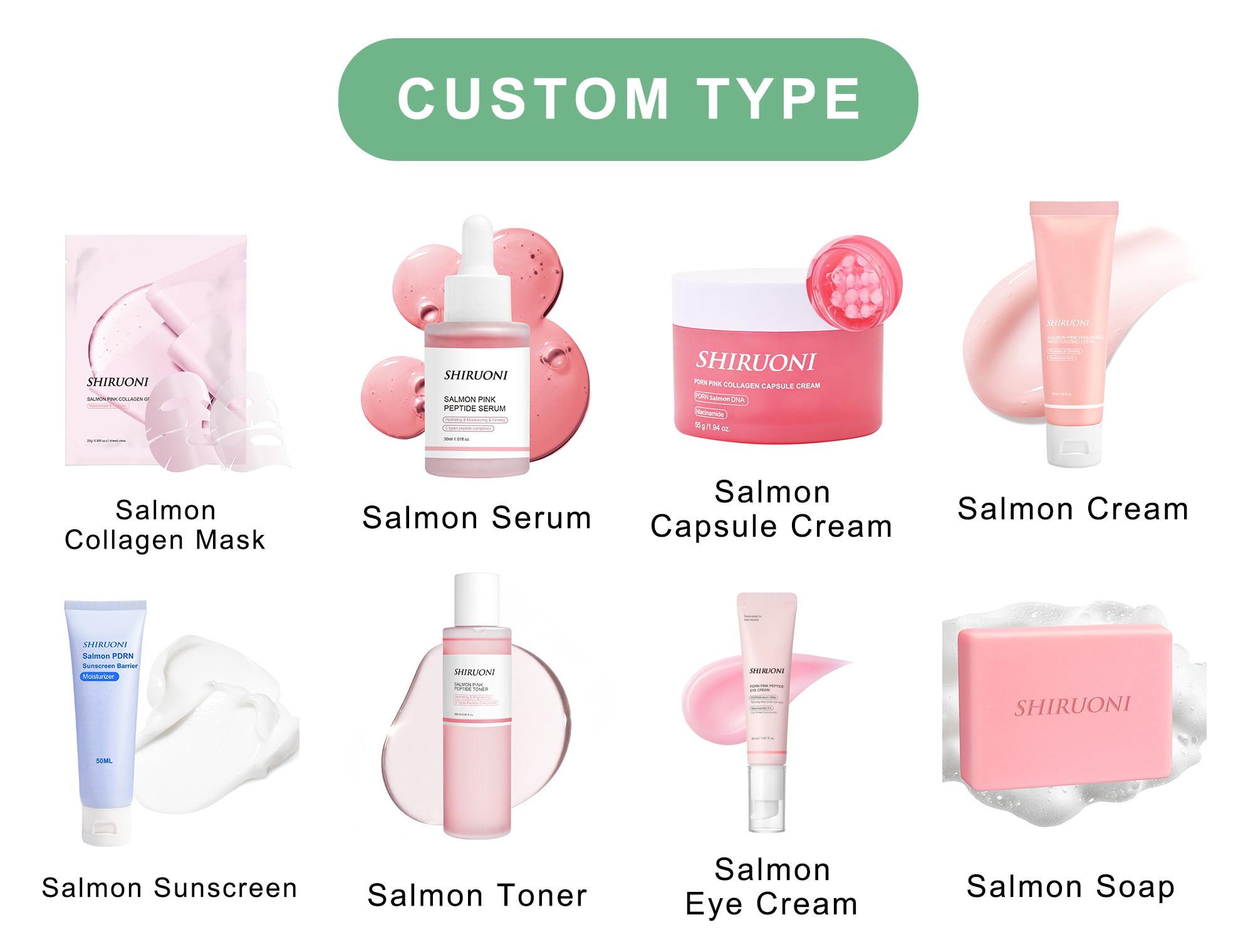 OEM private label PDRN skincare factory custom types including serum, cream, capsule cream, sunscreen