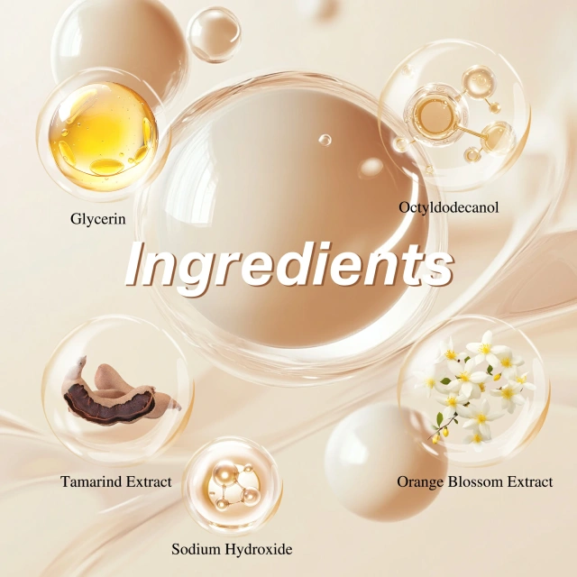 hydrating foundation for dry skin private label：
Key Ingredients - Tamarind Extract, Orange Blossom Extract, Glycerin, Sodium Hydroxide, Octyldodecanol