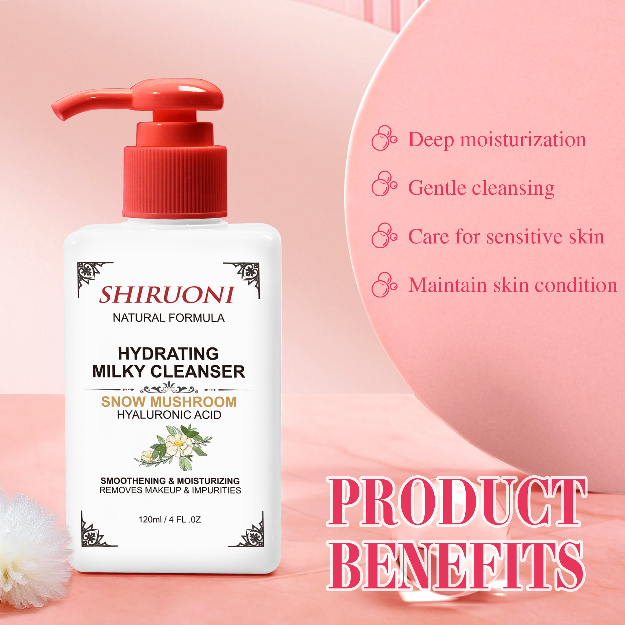 Vegan hydrating cleanser formulation with snow mushroom: Hydrates deeply · Gently removes makeup · Soothes sensitive skin · Maintains moisture barrier