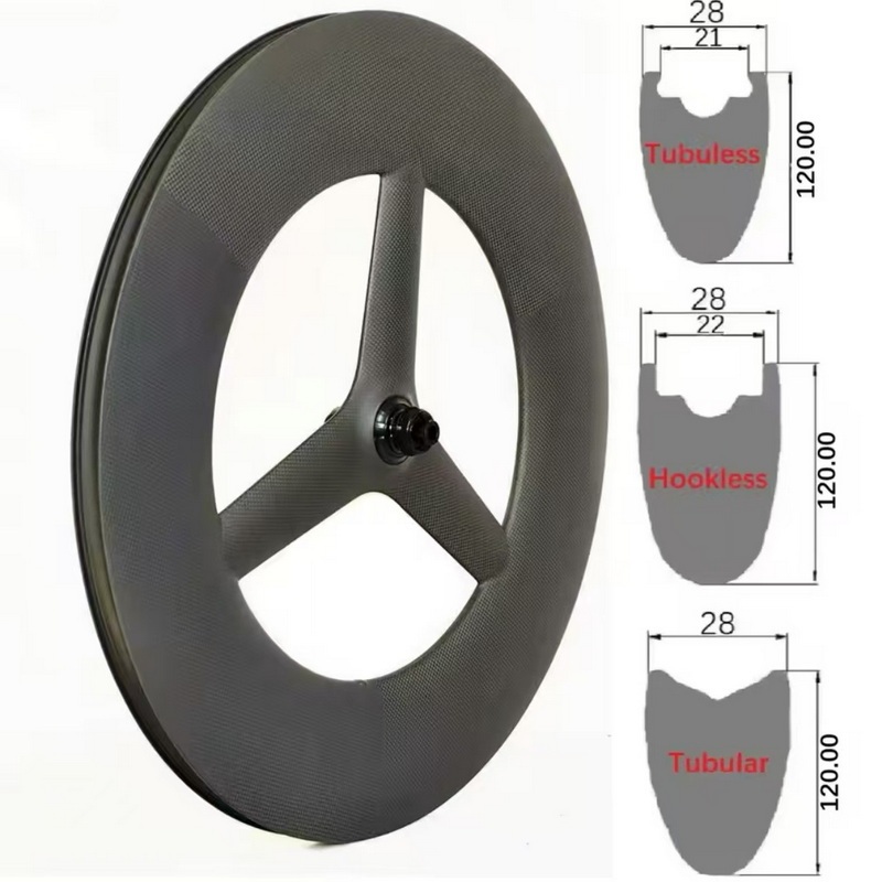 700C Tri Spoke Carbon Wheels Time Trial Bicycle Wheels 120mm Height 28mm Wdith Tubeless With Hook Hookless