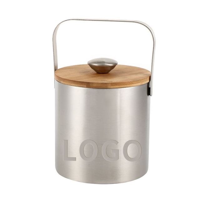 Double Wall Insulated Stainless Steel Ice Bucket with Bamboo Lid