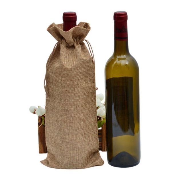 Jute Burlap Wine Drawstring Pouch