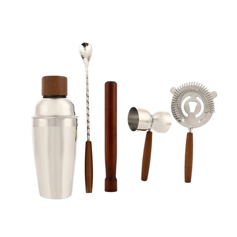 5pcs  Stainless Steel Wood Cocktail Shaker Set