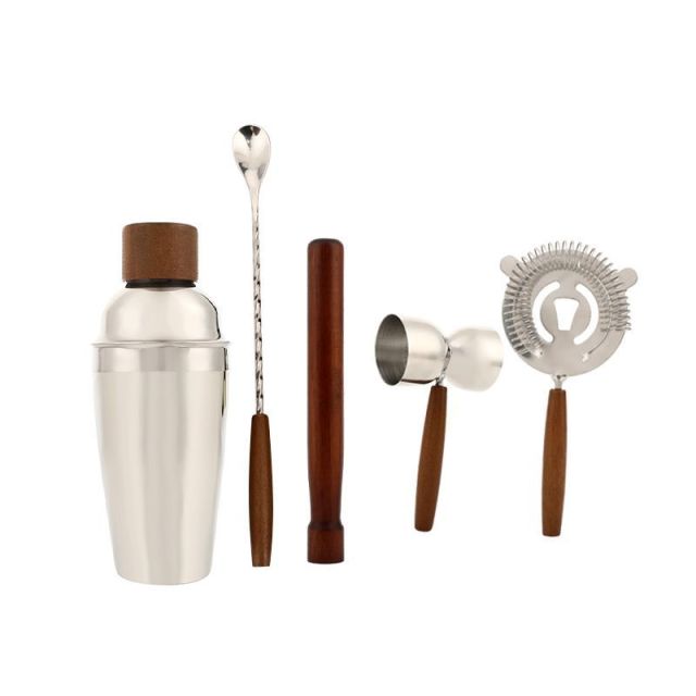 5pcs  Stainless Steel Wood Cocktail Shaker Set