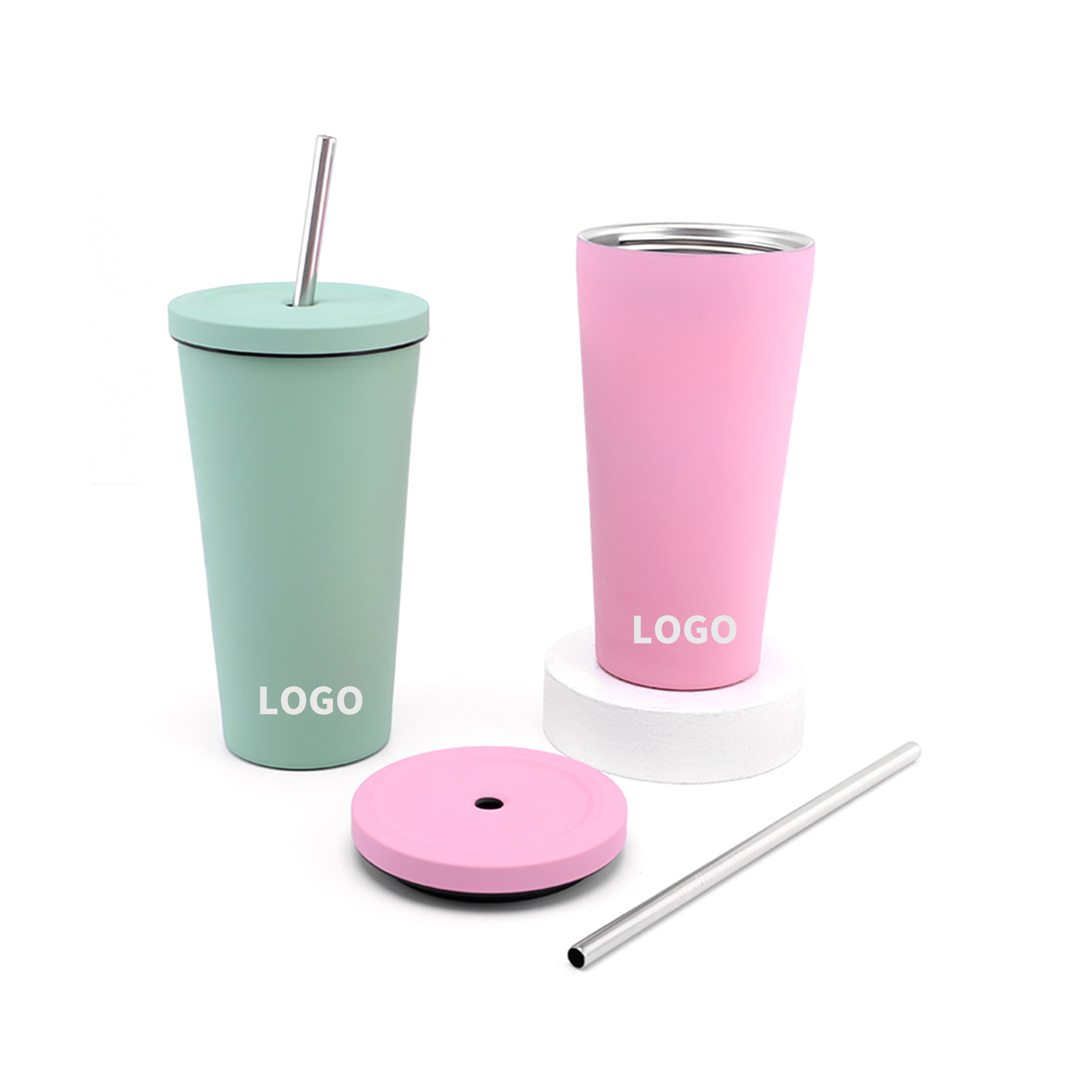 Stainless Steel Mug Skinny Coffee Cup with Metal Straw and Lid