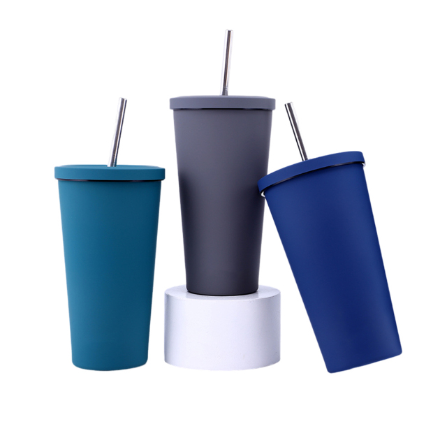 Stainless Steel Mug Skinny Coffee Cup with Metal Straw and Lid