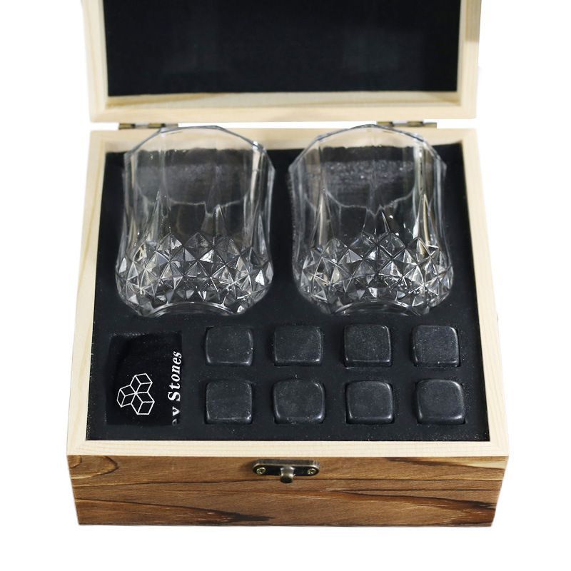 Wood Box Whiskey Stones Set