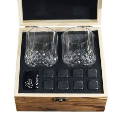 Wood Box Whiskey Stones Set