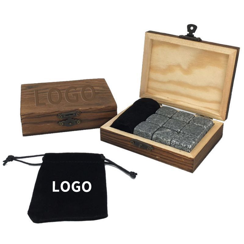 Wood Box Whiskey Stones Set