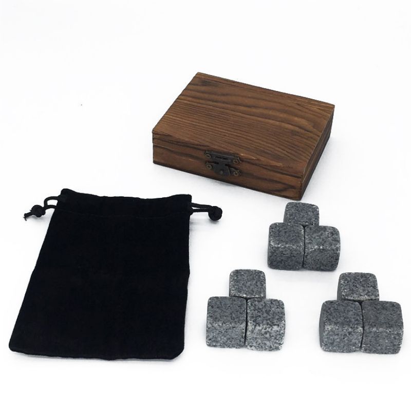 Wood Box Whiskey Stones Set