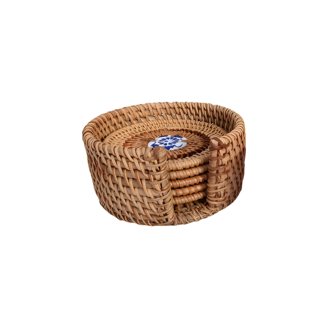 Blue and White Porcelain Rattan Coaster Set